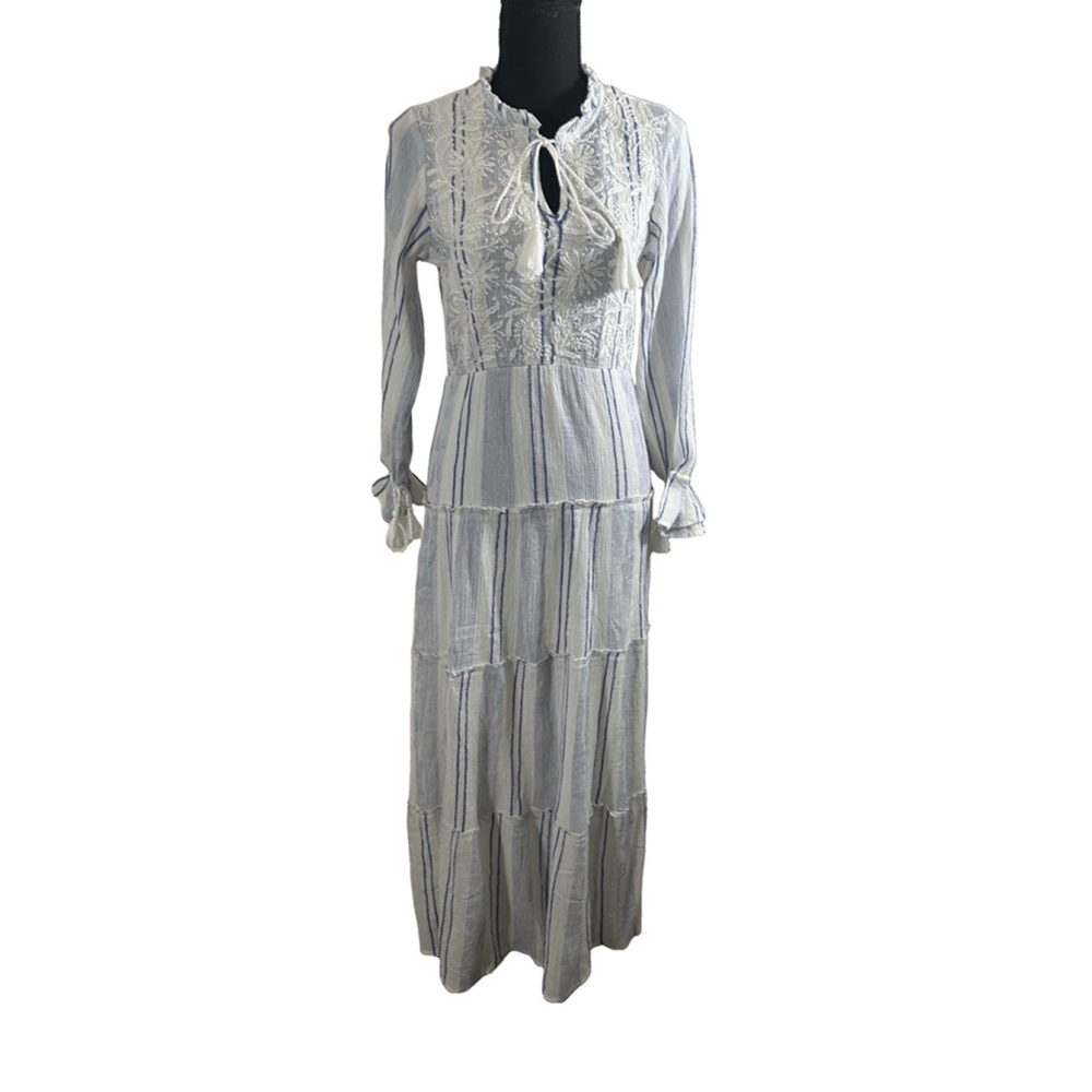 NWT Women's RAGA Maxi Dress Size XS White Blue Striped Long Sleeve